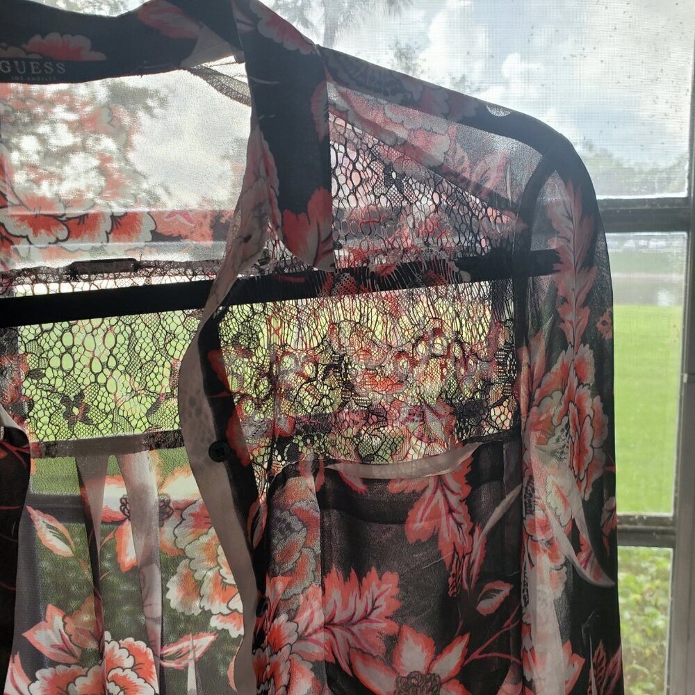 GUESS Nira Chiffon Rhinestone Detail Semi Sheer Floral Long Sleeve Button Down